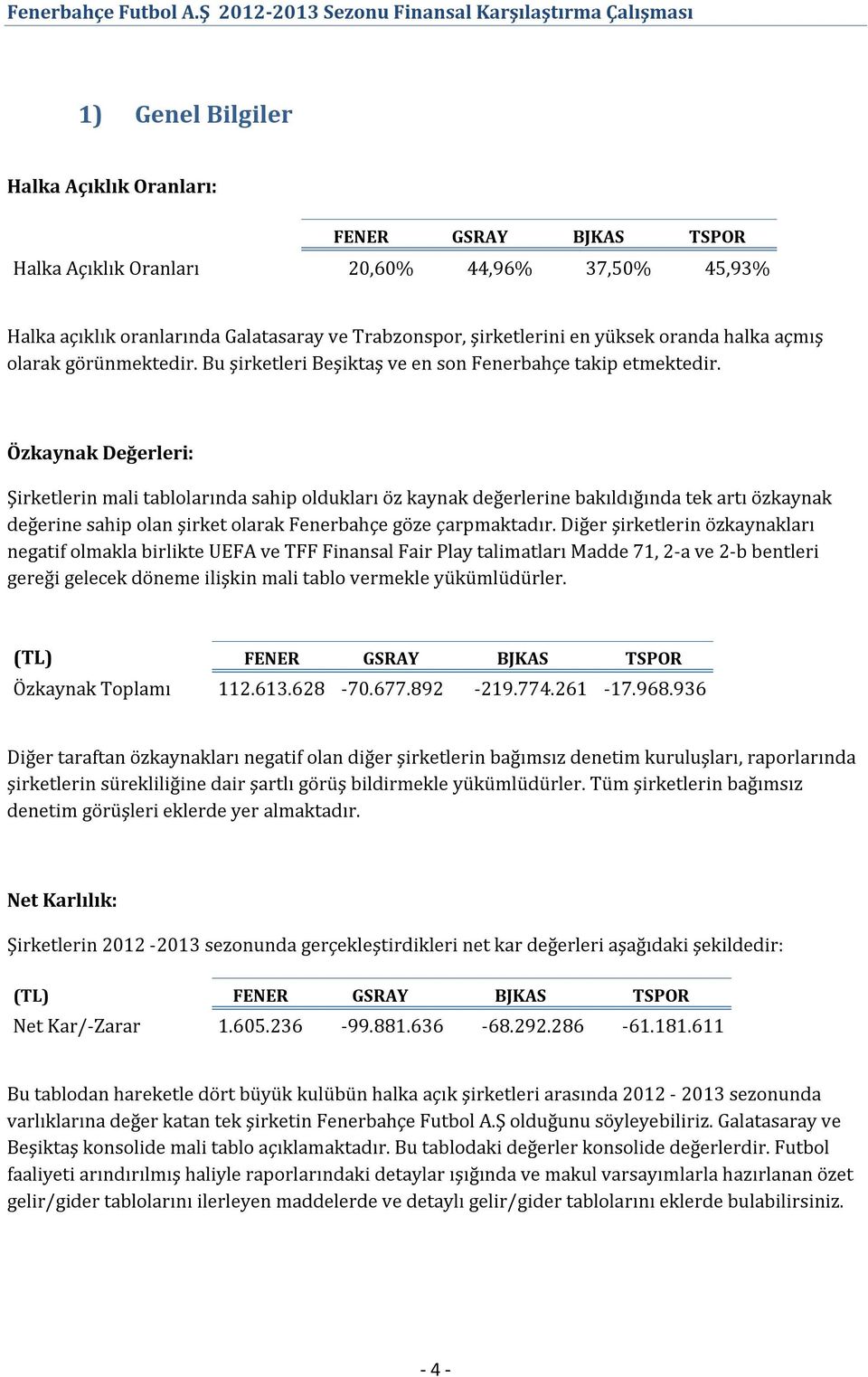 Özkaynak Değerleri: Şirketlerin mali tablolarında sahip oldukları öz kaynak değerlerine bakıldığında tek artı özkaynak değerine sahip olan şirket olarak Fenerbahçe göze çarpmaktadır.