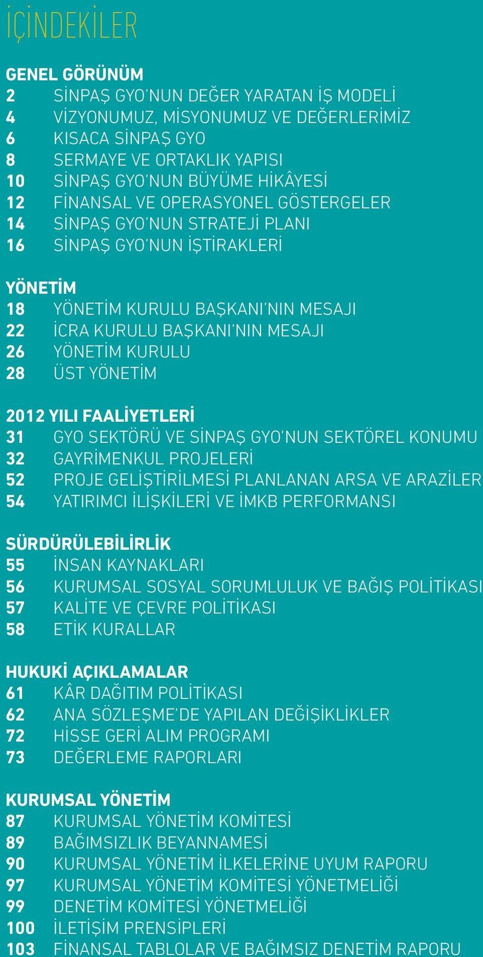 MESAJI 26 YÖNETİM KURULU 28 ÜST YÖNETİM 2012 YILI FAALİYETLERİ 31 GYO SEKTÖRÜ VE SİNPAŞ GYO NUN SEKTÖREL KONUMU 32 GAYRİMENKUL PROJELERİ 52 PROJE GELİŞTİRilMESİ PLANLANAN ARSA VE ARAZİLER 54