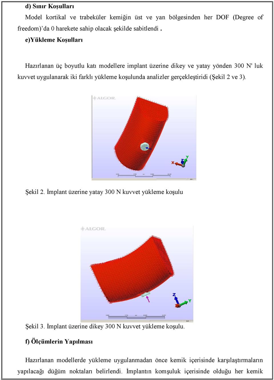 gerçekleştiridi (Şekil 2 ve 3). Şekil 2. İmplant üzerine yatay 300 N kuvvet yükleme koşulu Şekil 3. İmplant üzerine dikey 300 N kuvvet yükleme koşulu.