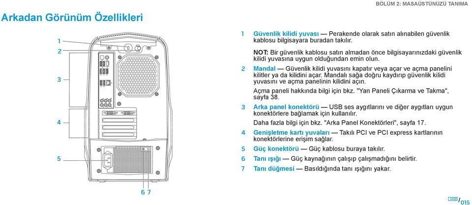 2 Mandal Güvenlik kilidi yuvasını kapatır veya açar ve açma panelini kilitler ya da kilidini açar. Mandalı sağa doğru kaydırıp güvenlik kilidi yuvasını ve açma panelinin kilidini açın.