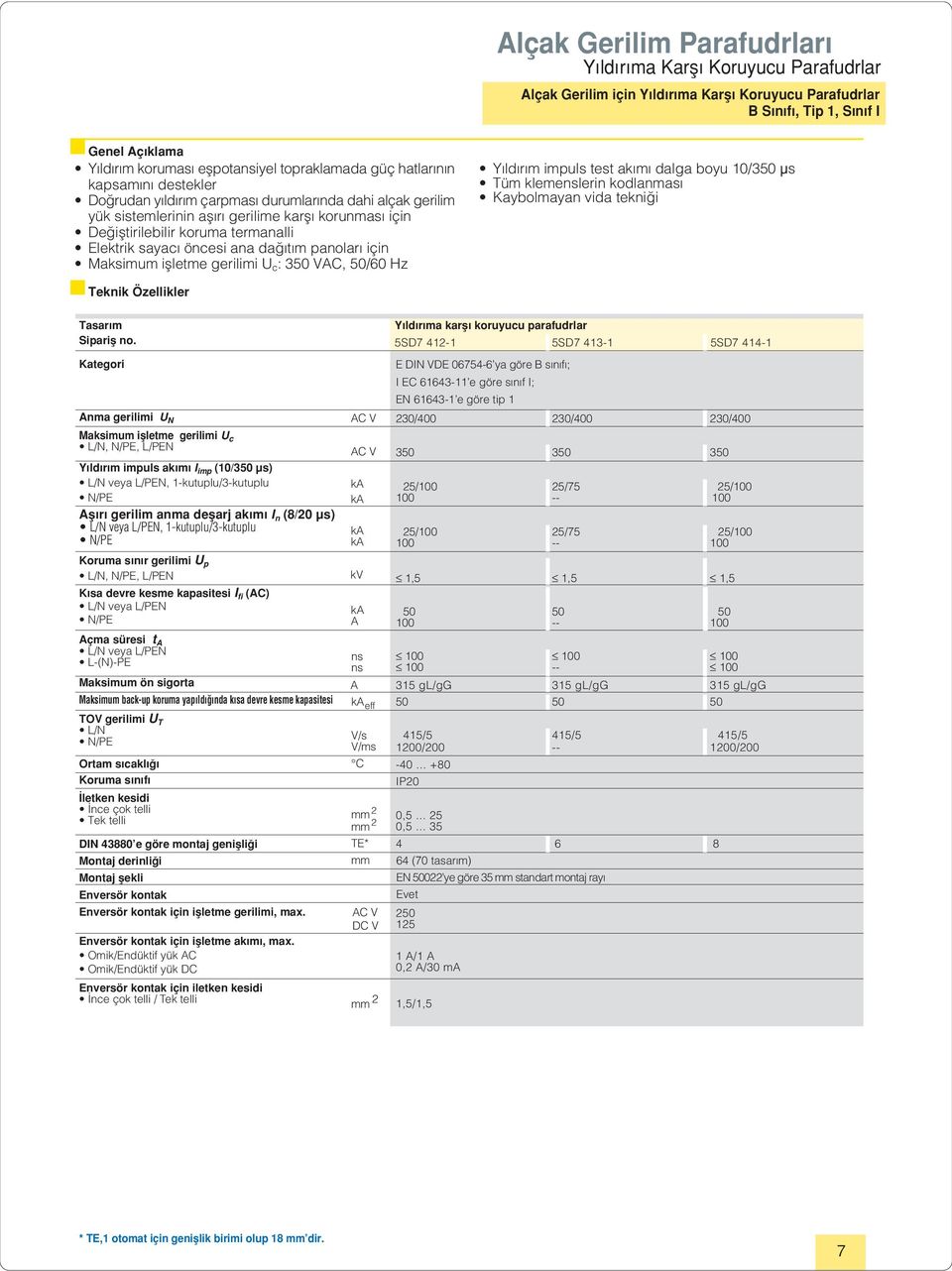 için Maksimum iflletme gerilimi U c : VAC, 50/60 Hz Y ld r m impuls test ak m dalga boyu 0/ μs Tüm klemelerin kodlanmas Kaybolmayan vida tekni i Teknik Özellikler Tasar m Siparifl no.