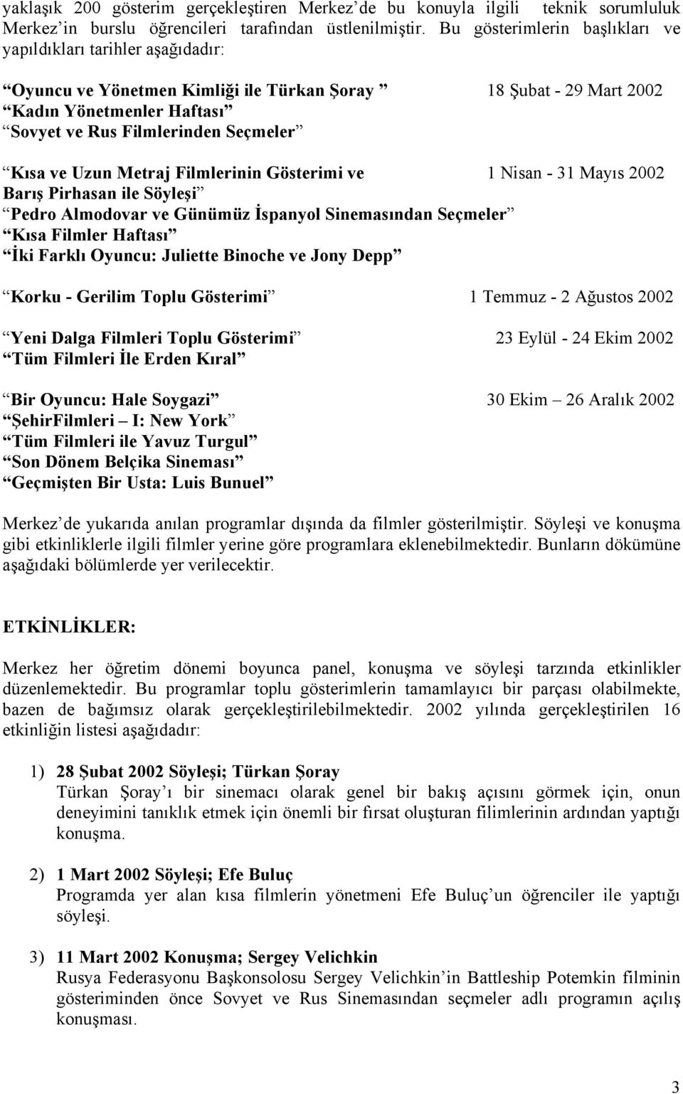 ve Uzun Metraj Filmlerinin Gösterimi ve 1 Nisan - 31 Mayıs 2002 Barış Pirhasan ile Söyleşi Pedro Almodovar ve Günümüz İspanyol Sinemasından Seçmeler Kısa Filmler Haftası İki Farklı Oyuncu: Juliette