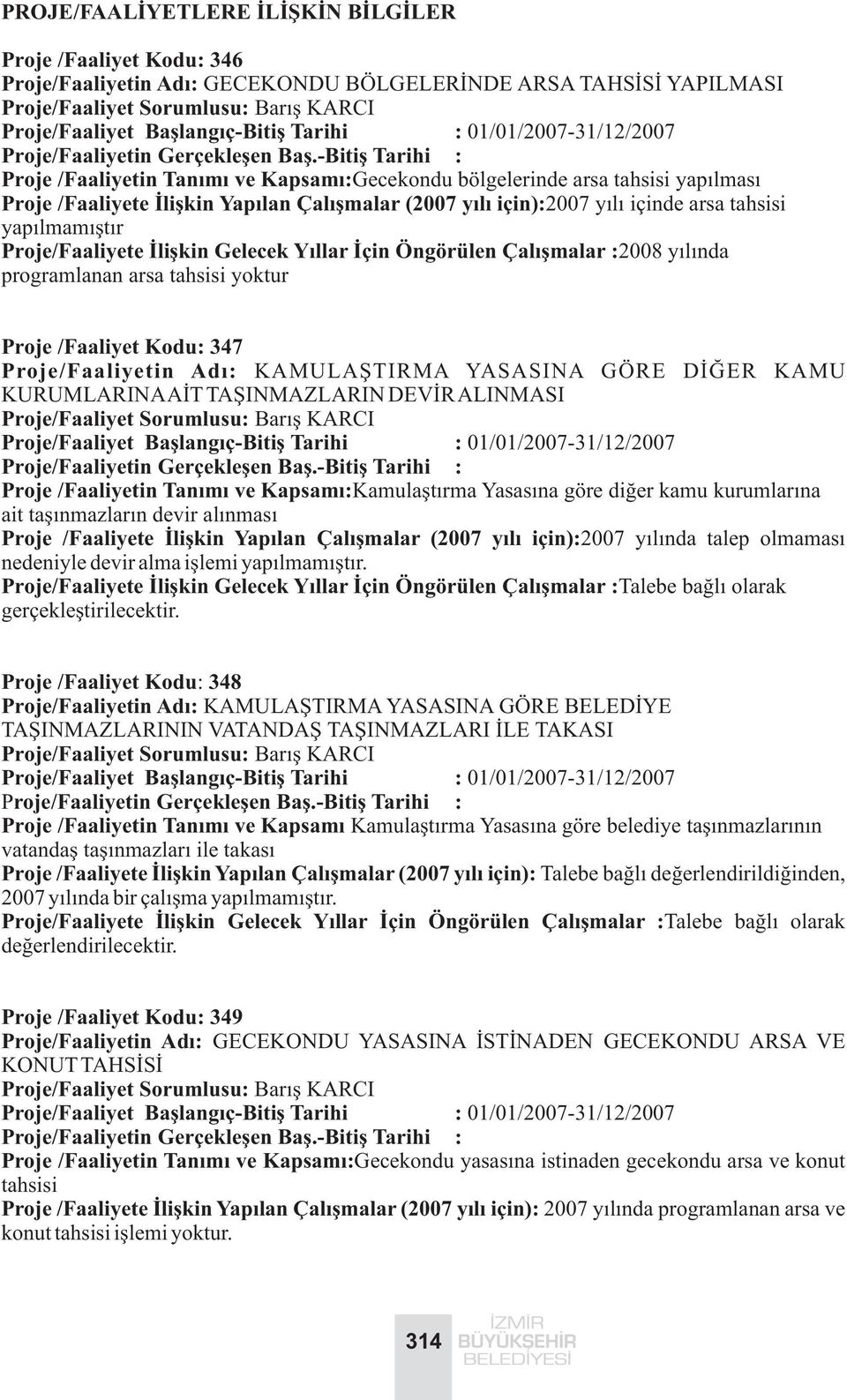 yapýlmamýþtýr Proje/Faaliyete Ýliþkin Gelecek Yýllar Ýçin Öngörülen Çalýþmalar :2008 yýlýnda programlanan arsa tahsisi yoktur Proje /Faaliyet Kodu: 347 Proje/Faaliyetin Adý: KAMULAÞTIRMA YASASINA