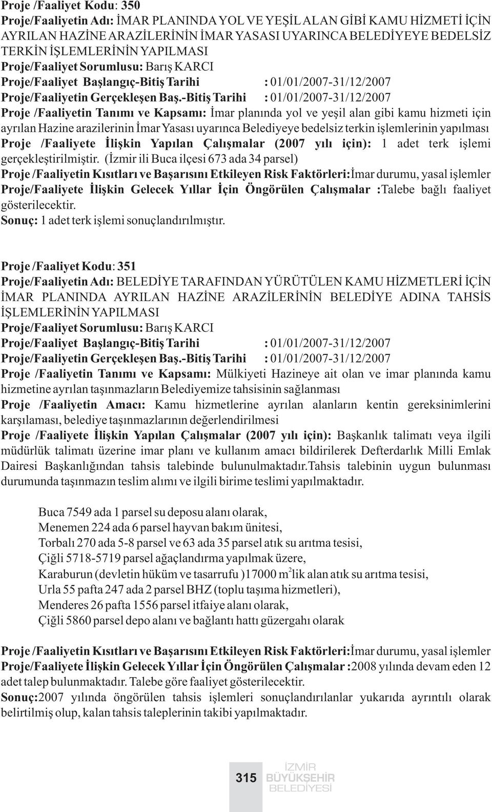 yapýlmasý Proje /Faaliyete Ýliþkin Yapýlan Çalýþmalar (2007 yýlý için): 1 adet terk iþlemi gerçekleþtirilmiþtir.