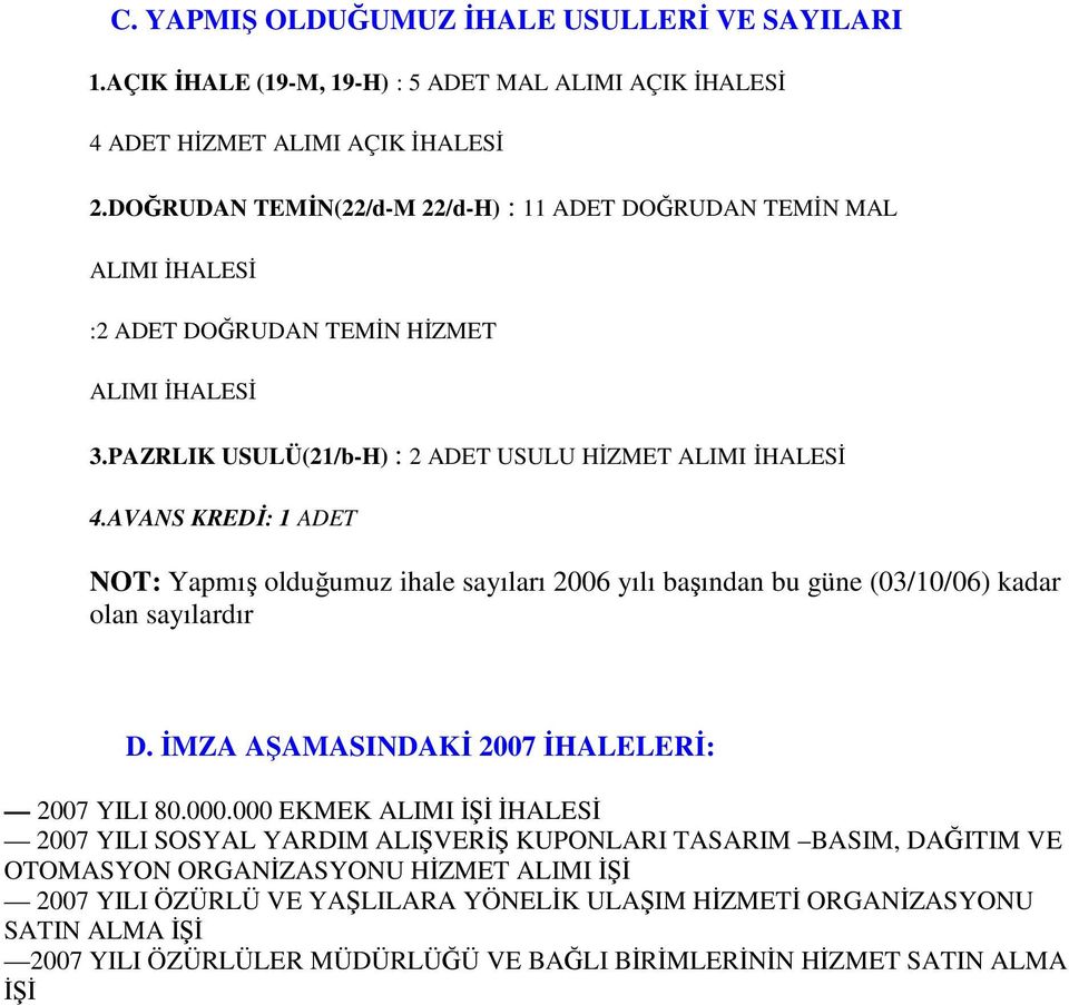 AVANS KREDĐ: 1 ADET NOT: Yapmış olduğumuz ihale sayıları 2006 yılı başından bu güne (03/10/06) kadar olan sayılardır D. ĐMZA AŞAMASINDAKĐ 2007 ĐHALELERĐ: 2007 YILI 80.000.