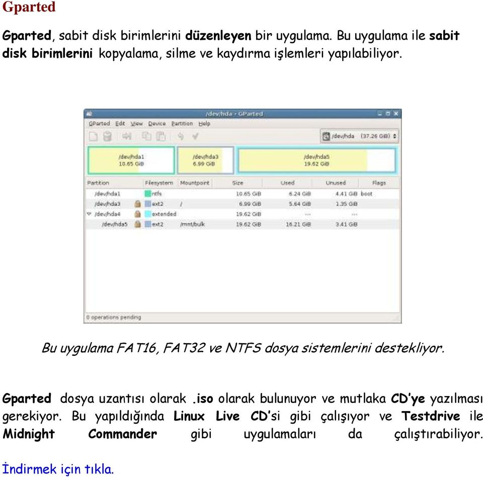 Bu uygulama FAT16, FAT32 ve NTFS dosya sistemlerini destekliyor. Gparted dosya uzantısı olarak.