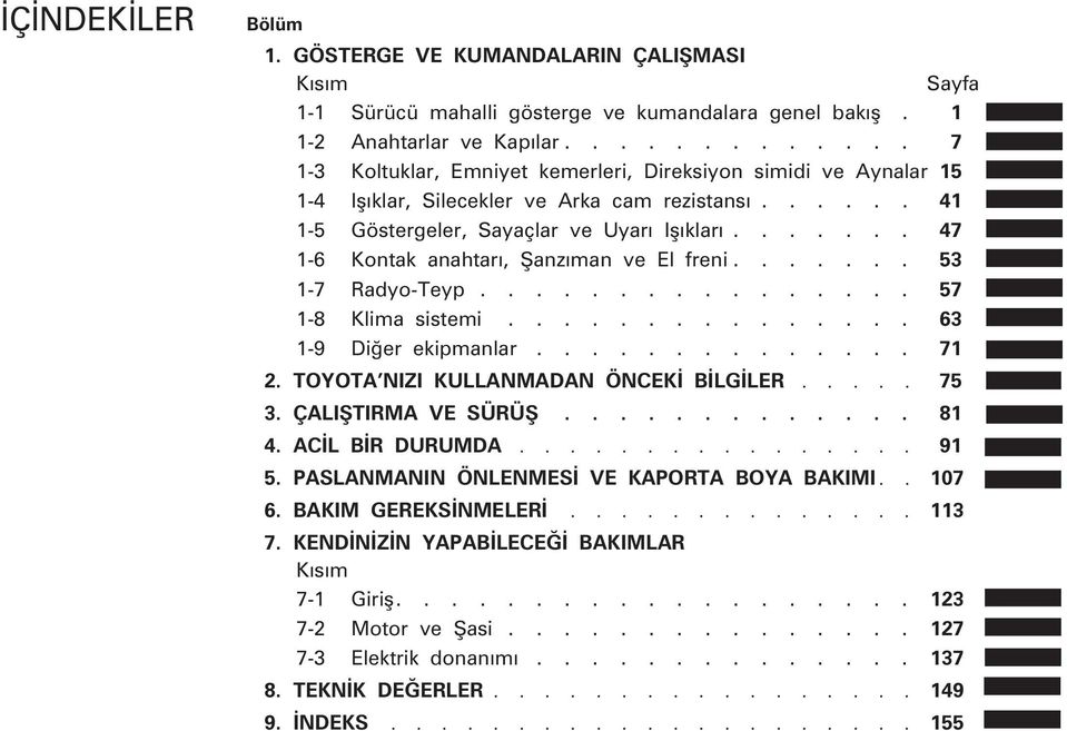 ...... 47 1-6 Kontak anahtarý, Þanzýman ve El freni....... 53 1-7 Radyo-Teyp................ 57 1-8 Klima sistemi............... 63 1-9 Diðer ekipmanlar.............. 71 2.