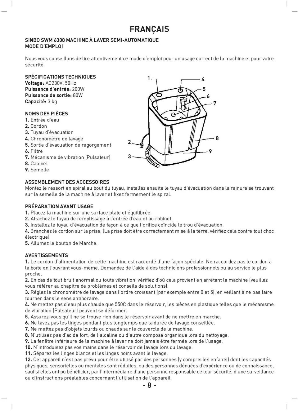 Chronomètre de lavage 5. Sortie d évacuation de regorgement 6. Filtre 7. Mécanisme de vibration (Pulsateur) 8. Cabinet 9.