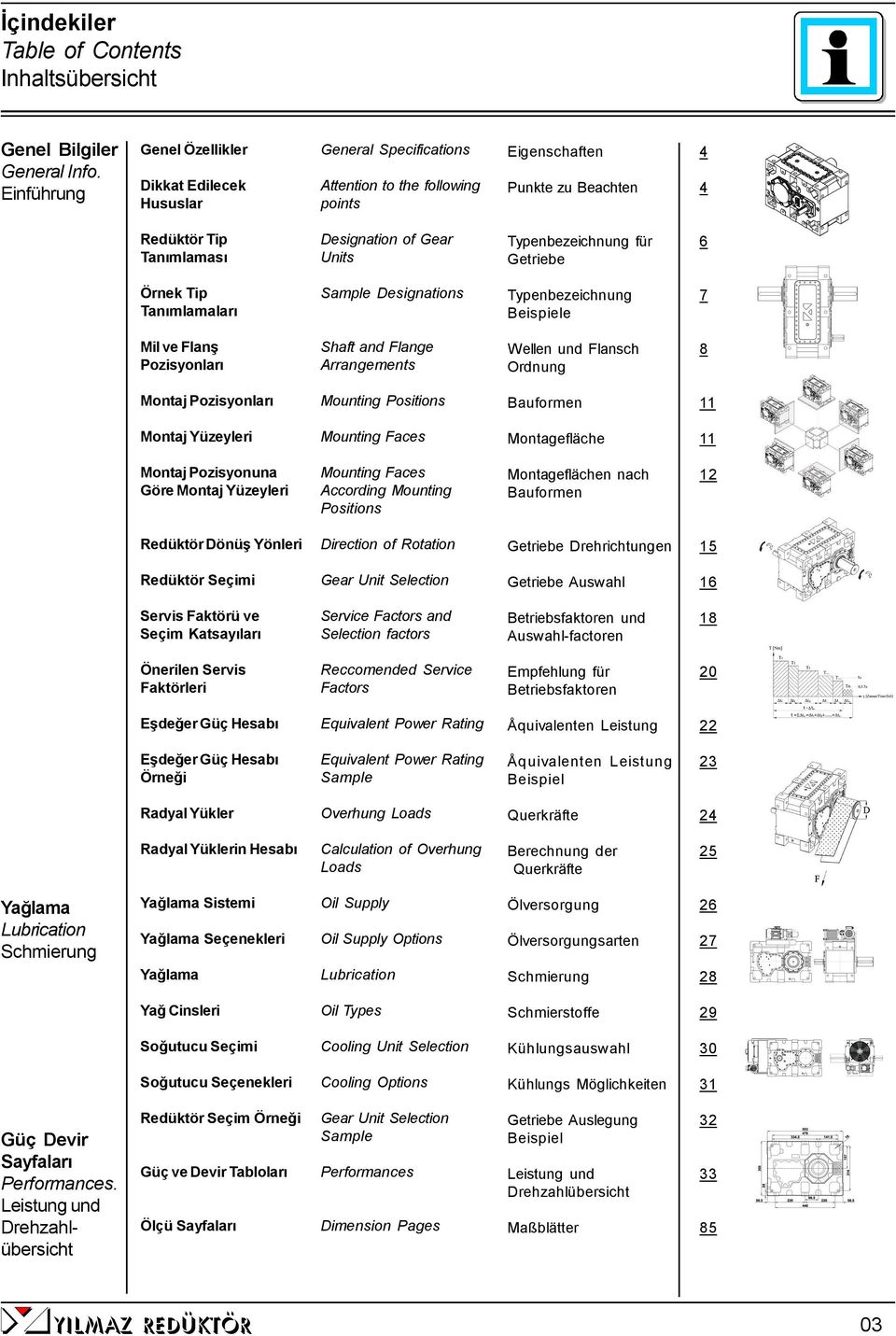 Typenbezeichnung für Getriebe 6 Örnek Tip Tanımlamaları Sample Designations Typenbezeichnung Beispiele 7 il ve Flanş Pozisyonları Shaft and Flange Arrangements Wellen und Flansch Ordnung 8 ontaj