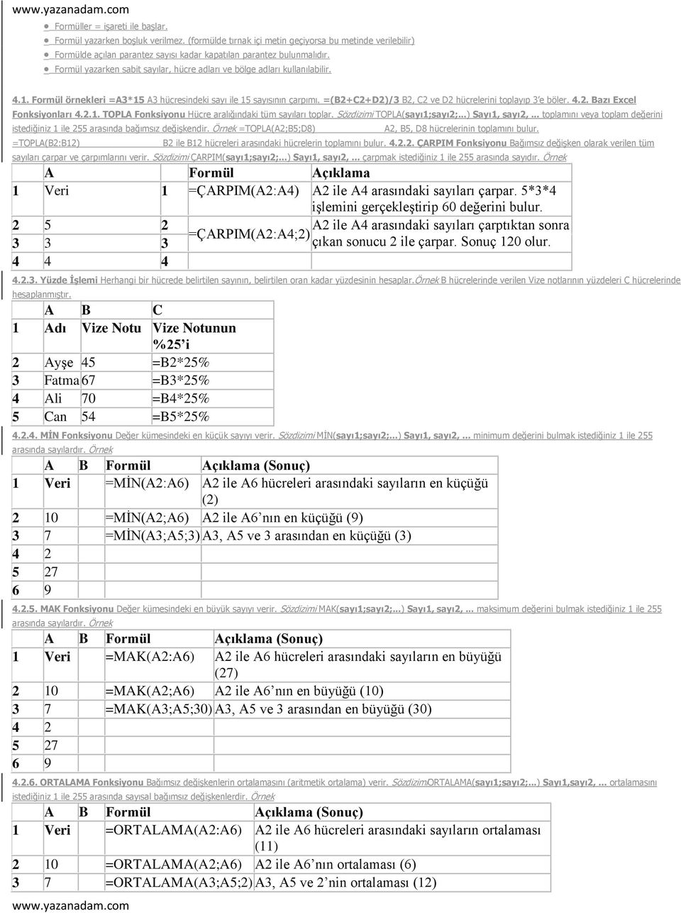 =(B2+C2+D2)/3 B2, C2 ve D2 hücrelerini toplayıp 3 e böler. 4.2. Bazı Excel Fonksiyonları 4.2.1. TOPLA Fonksiyonu Hücre aralığındaki tüm sayıları toplar. Sözdizimi TOPLA(sayı1;sayı2;...) Sayı1, sayı2,.