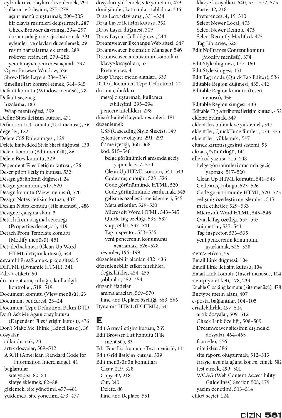 timeline ları kontrol etmek, 344 345 Default komutu (Window menüsü), 28 Default seçeneği hizalama, 183 Wrap menü öğesi, 399 Define Sites iletişim kutusu, 471 Definition List komutu (Text menüsü), 56