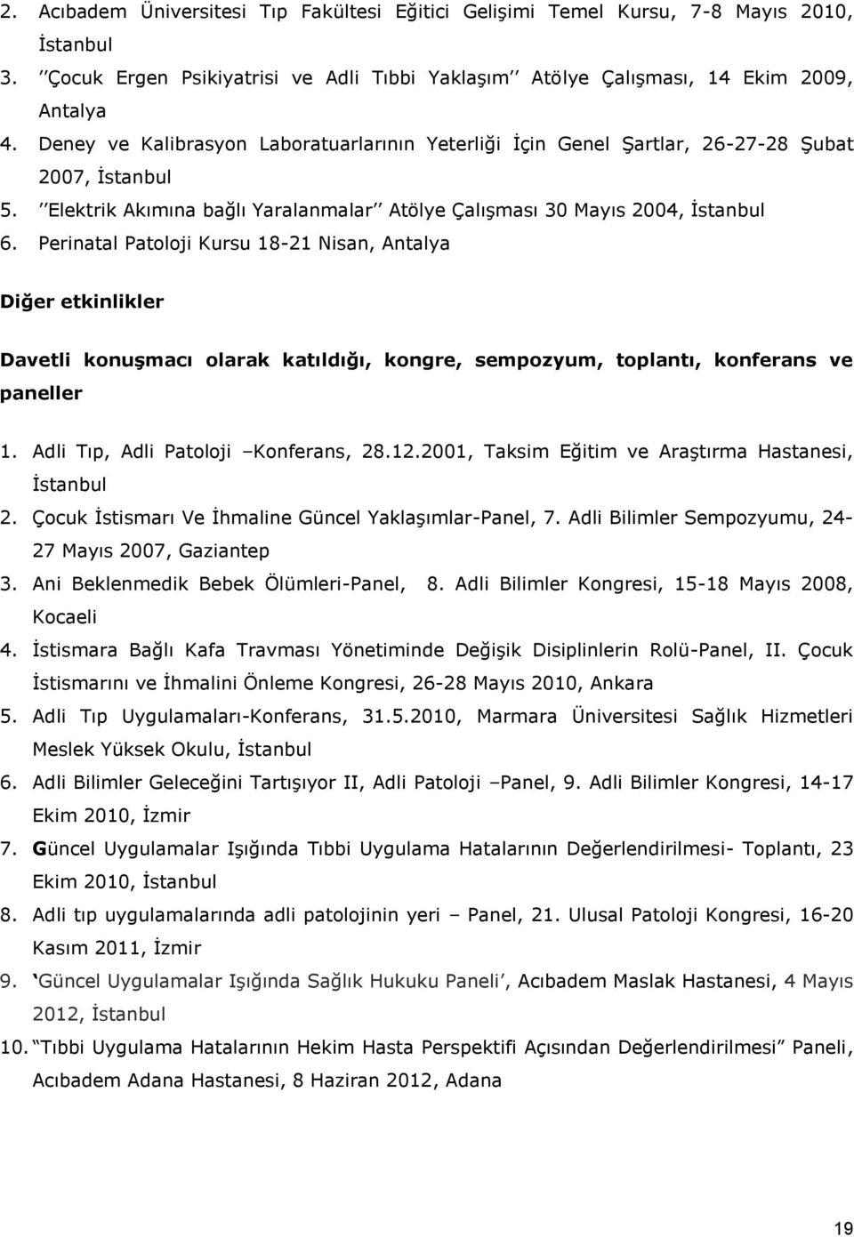 Perinatal Patoloji Kursu 18-21 Nisan, Antalya Diğer etkinlikler Davetli konuşmacı olarak katıldığı, kongre, sempozyum, toplantı, konferans ve paneller 1. Adli Tıp, Adli Patoloji Konferans, 28.12.