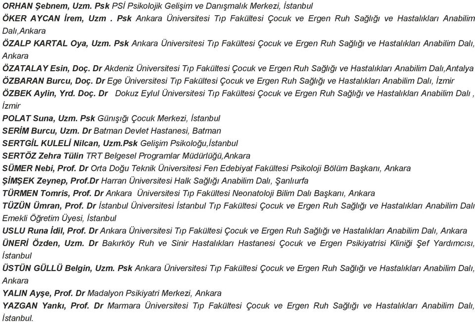 Psk Üniversitesi Tıp Fakültesi Çocuk ve Ergen Ruh Sağlığı ve Hastalıkları Anabilim Dalı, ÖZATALAY Esin, Doç.