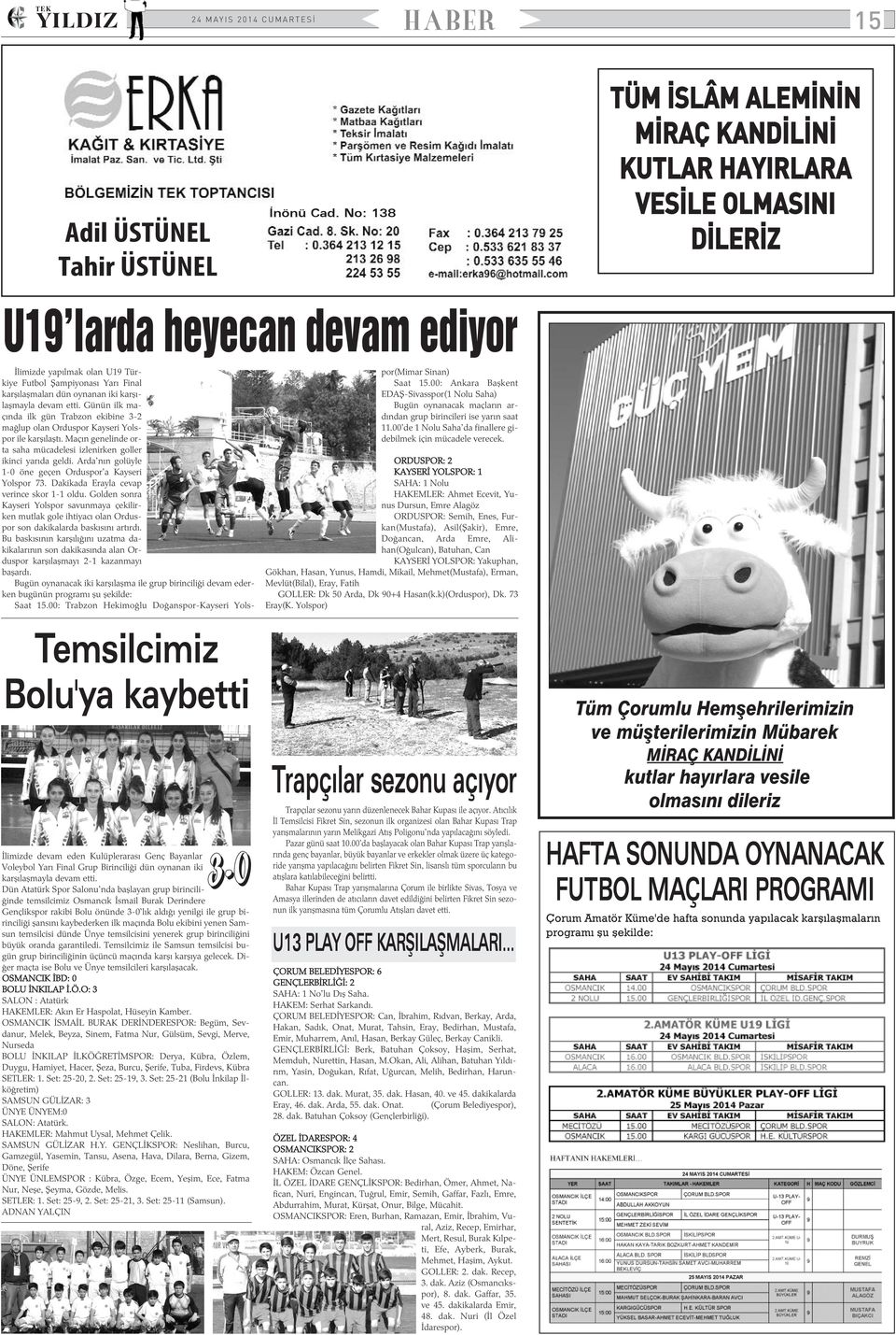 oynanan iki karþýlaþmayla devam etti. Günün ilk maçýnda ilk gün Trabzon ekibine 3-2 maðlup olan Orduspor Kayseri Yolspor ile karþýlaþtý.
