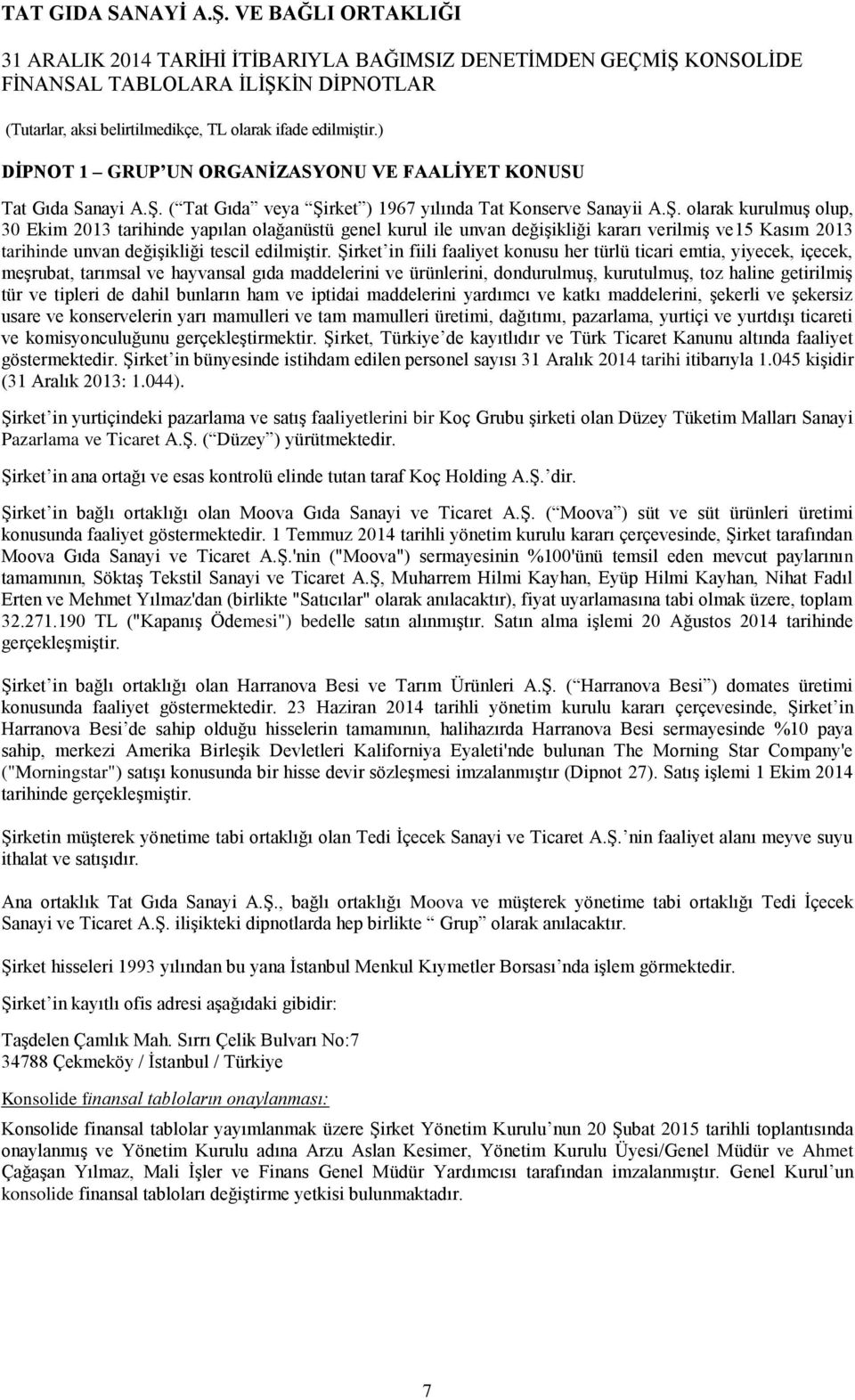 Şirket in fiili faaliyet konusu her türlü ticari emtia, yiyecek, içecek, meşrubat, tarımsal ve hayvansal gıda maddelerini ve ürünlerini, dondurulmuş, kurutulmuş, toz haline getirilmiş tür ve tipleri