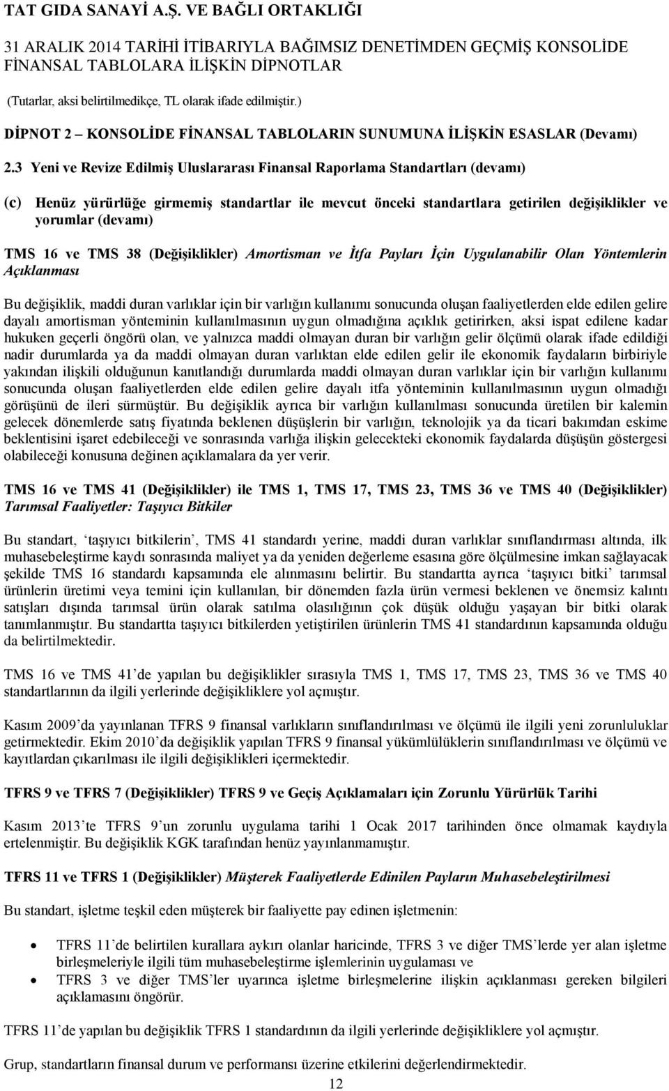 16 ve TMS 38 (Değişiklikler) Amortisman ve İtfa Payları İçin Uygulanabilir Olan Yöntemlerin Açıklanması Bu değişiklik, maddi duran varlıklar için bir varlığın kullanımı sonucunda oluşan