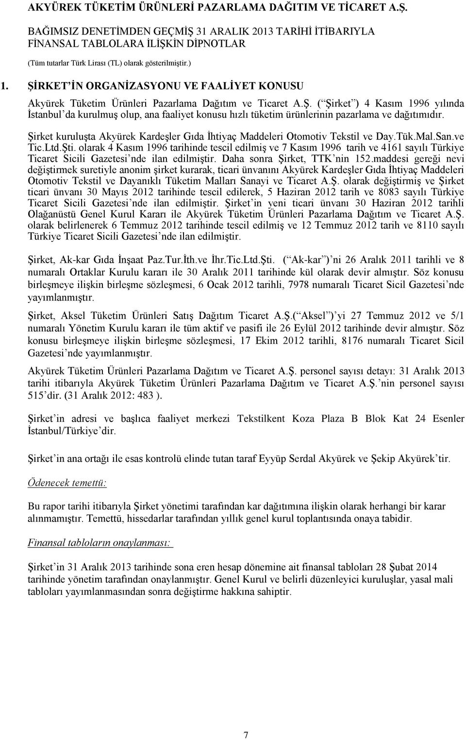 olarak 4 Kasım 1996 tarihinde tescil edilmiş ve 7 Kasım 1996 tarih ve 4161 sayılı Türkiye Ticaret Sicili Gazetesi nde ilan edilmiştir. Daha sonra Şirket, TTK nin 152.