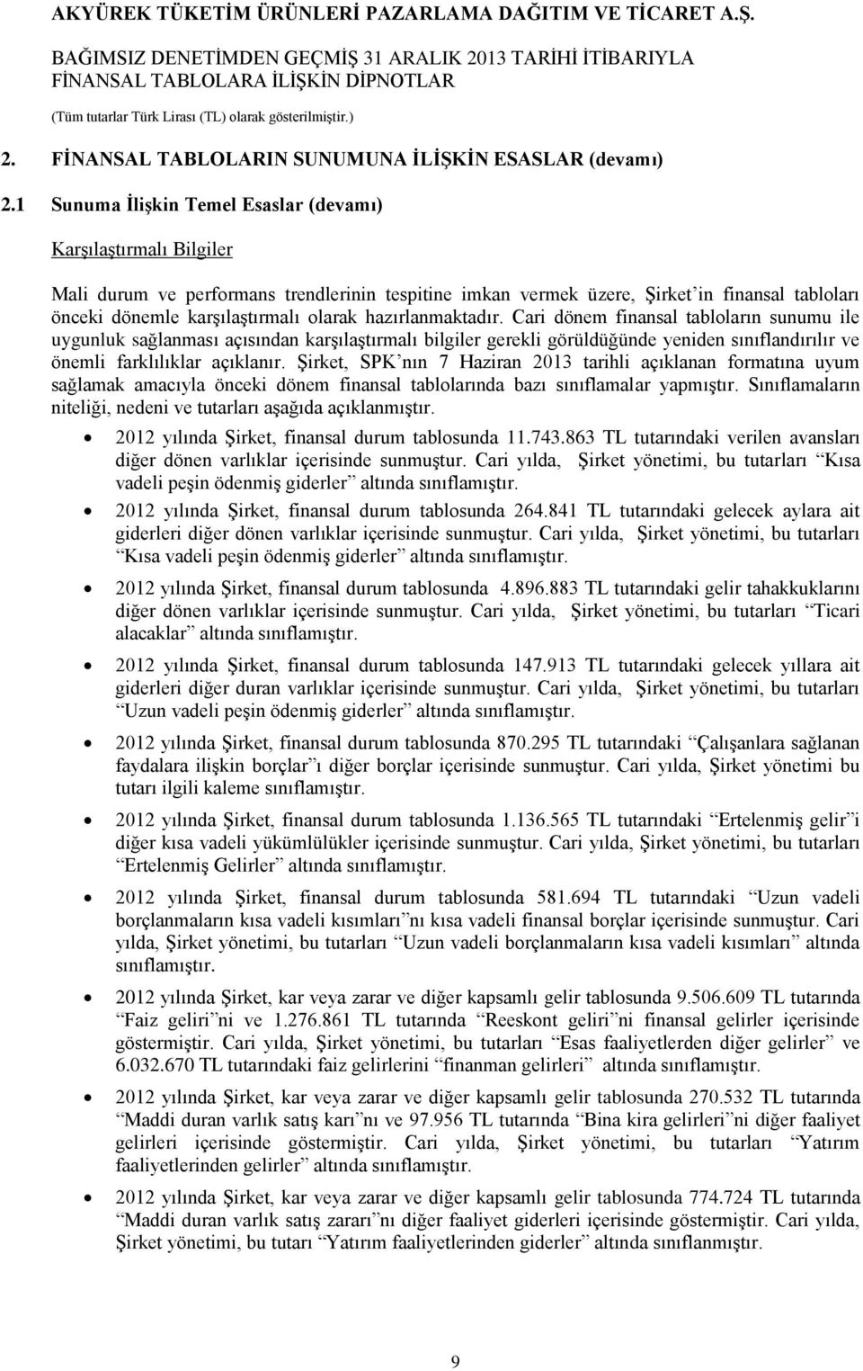 hazırlanmaktadır. Cari dönem finansal tabloların sunumu ile uygunluk sağlanması açısından karşılaştırmalı bilgiler gerekli görüldüğünde yeniden sınıflandırılır ve önemli farklılıklar açıklanır.