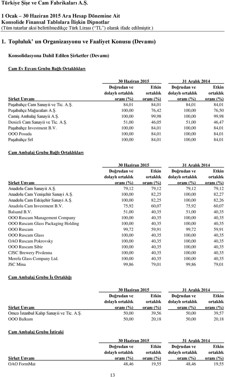Ş. 100,00 76,42 100,00 76,50 Camiş Ambalaj Sanayii A.Ş. 100,00 99,98 100,00 99,98 Denizli Cam Sanayii ve Tic. A.Ş. 51,00 46,05 51,00 46,47 Paşabahçe Investment B.V.