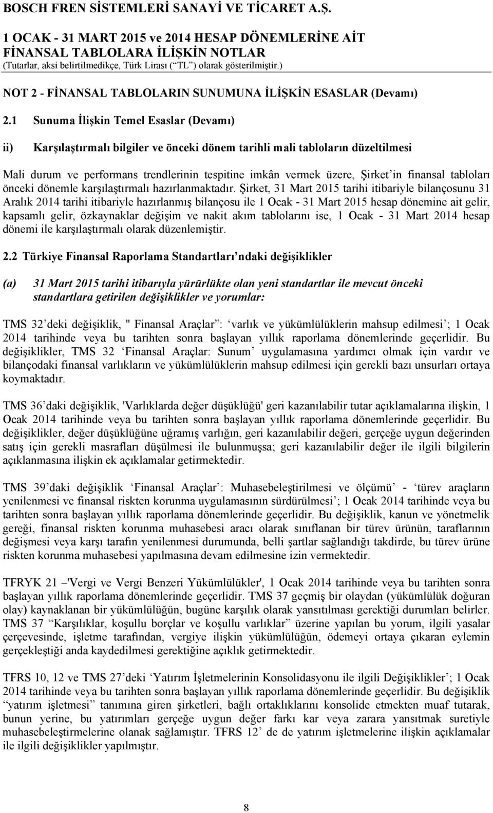 finansal tabloları önceki dönemle karşılaştırmalı hazırlanmaktadır.