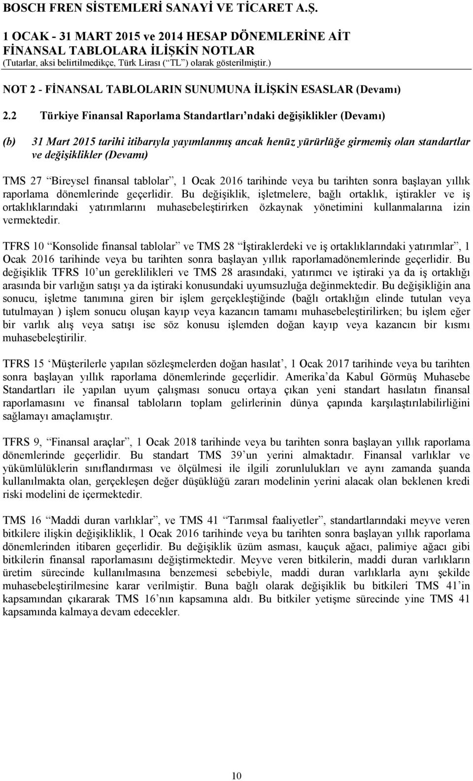 Bireysel finansal tablolar, 1 Ocak 2016 tarihinde veya bu tarihten sonra başlayan yıllık raporlama dönemlerinde geçerlidir.