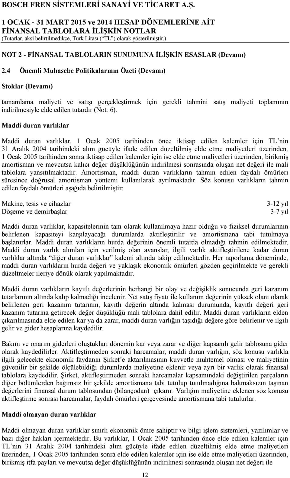 6). Maddi duran varlıklar Maddi duran varlıklar, 1 Ocak 2005 tarihinden önce iktisap edilen kalemler için TL nin 31 Aralık 2004 tarihindeki alım gücüyle ifade edilen düzeltilmiş elde etme maliyetleri