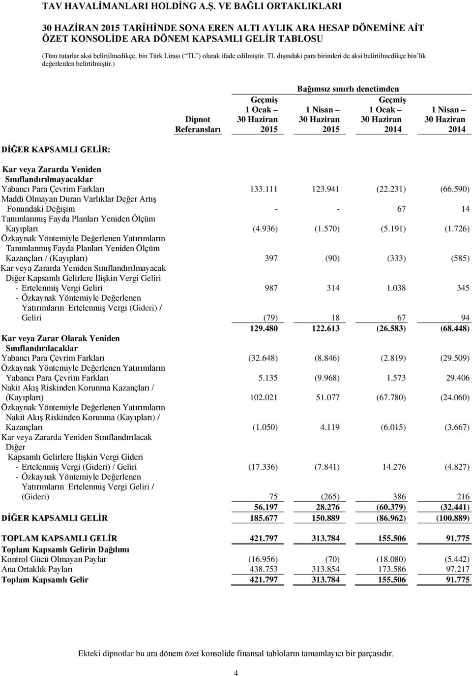 Sınıflandırılmayacaklar Yabancı Para Çevrim Farkları 133.111 123.941 (22.231) (66.