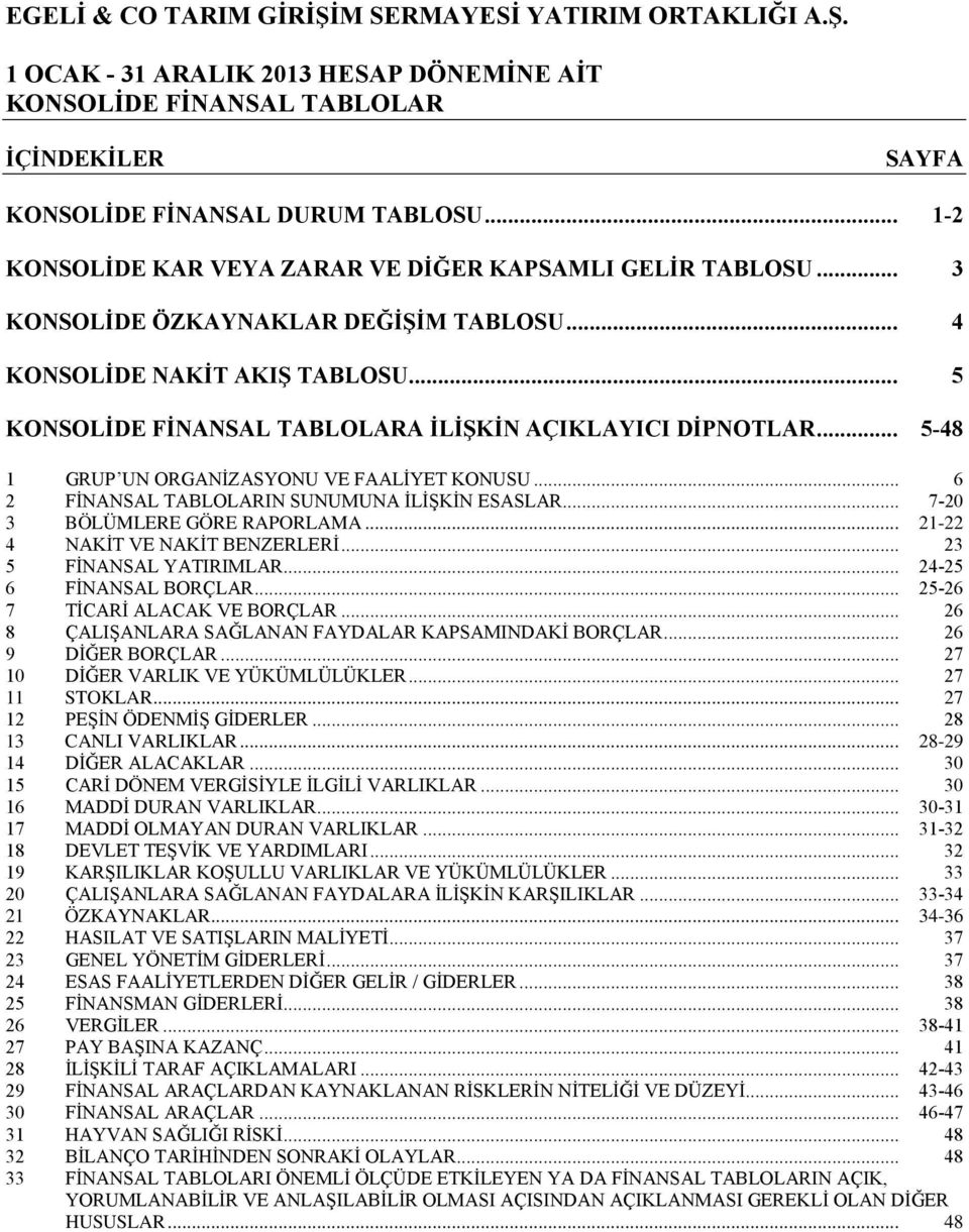 .. 7-20 3 BÖLÜMLERE GÖRE RAPORLAMA... 21-22 4 NAKİT VE NAKİT BENZERLERİ... 23 5 FİNANSAL YATIRIMLAR... 24-25 6 FİNANSAL BORÇLAR... 25-26 7 TİCARİ ALACAK VE BORÇLAR.