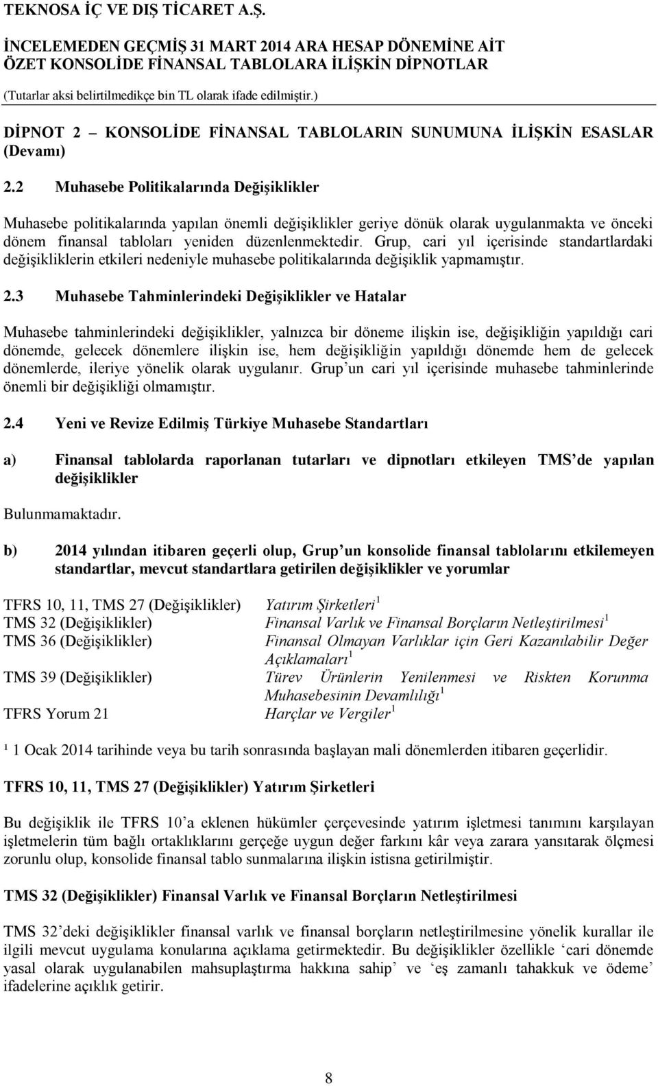 Grup, cari yıl içerisinde standartlardaki değişikliklerin etkileri nedeniyle muhasebe politikalarında değişiklik yapmamıştır. 2.