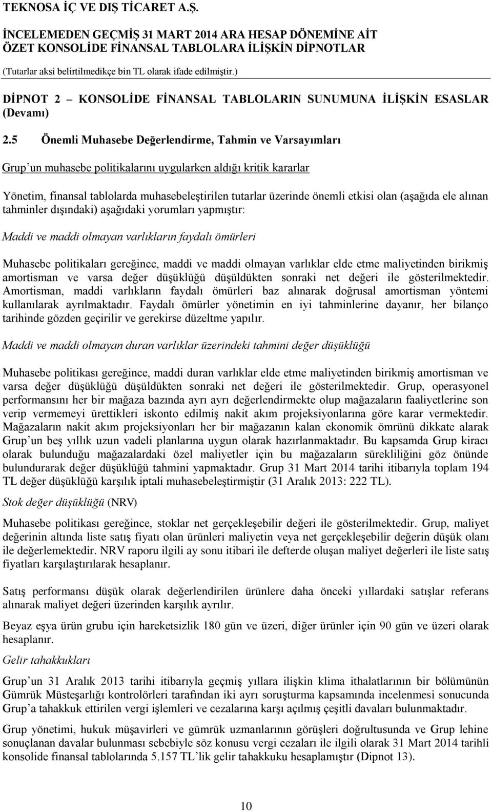 etkisi olan (aşağıda ele alınan tahminler dışındaki) aşağıdaki yorumları yapmıştır: Maddi ve maddi olmayan varlıkların faydalı ömürleri Muhasebe politikaları gereğince, maddi ve maddi olmayan