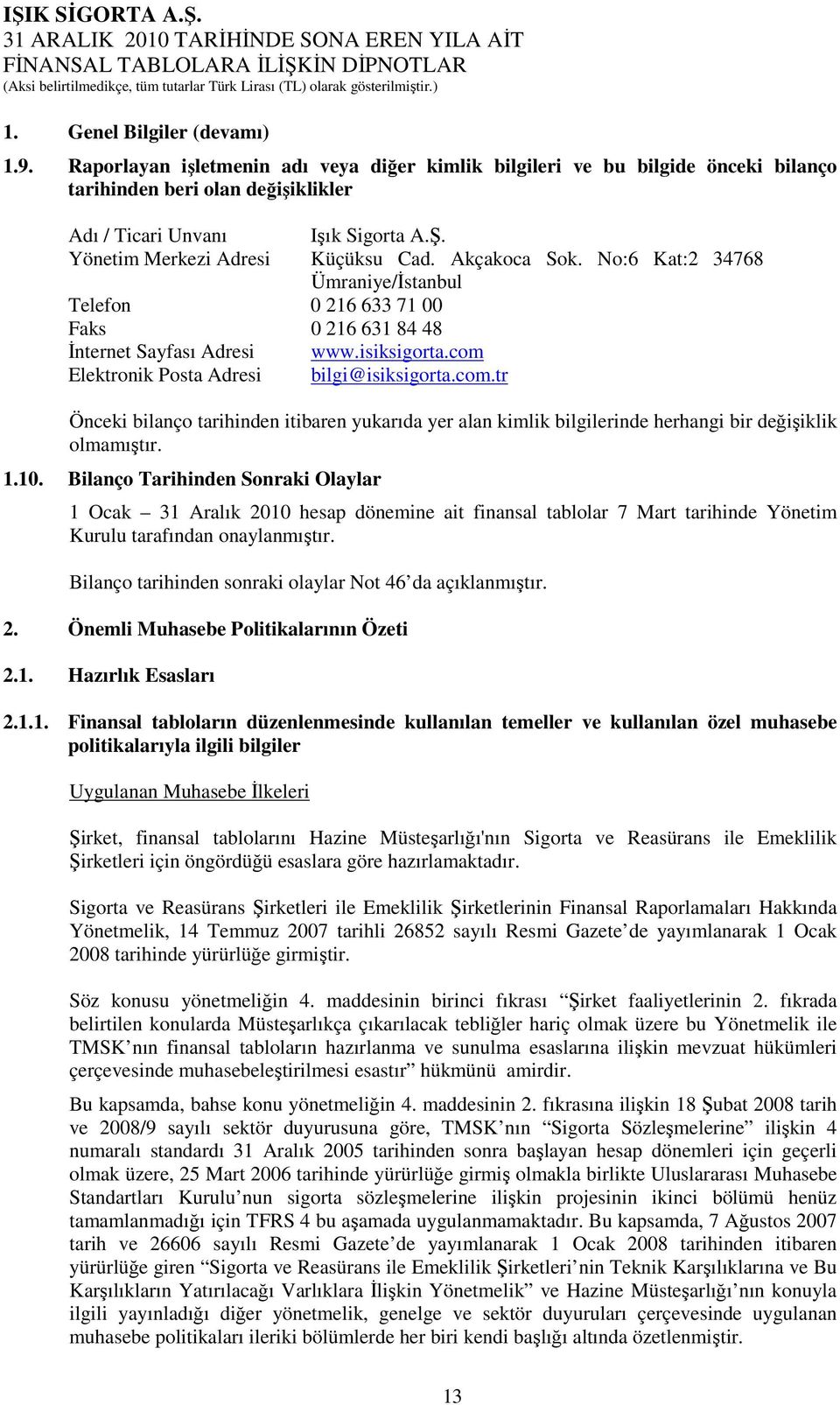 com Elektronik Posta Adresi bilgi@isiksigorta.com.tr Önceki bilanço tarihinden itibaren yukarıda yer alan kimlik bilgilerinde herhangi bir değişiklik olmamıştır. 1.10.