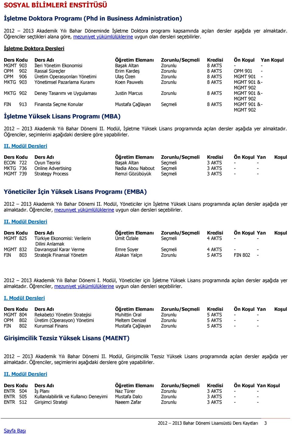 İşletme Doktora Dersleri MGMT 903 İleri Yönetim Ekonomisi Başak Altan Zorunlu 8 AKTS - - OPM 902 Rassal Süreçler Erim Kardeş Zorunlu 8 AKTS OPM 901 - OPM 906 Üretim Operasyonları Yönetimi Ulaş Özen