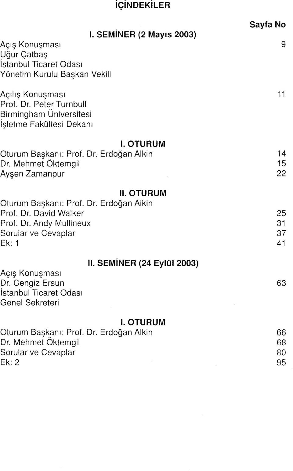 Mehmet Öktemgil Ayşen Zamanpur ll. OTURUM Oturum Başkanı: Prof. Dr. Erdoğan Alkin Prof. Dr. David Walker Prof. Dr. Andy Mullineux Sorular ve Cevaplar Ek: 1 Sayfa No 9 11 14 15 22 25 31 37 41 Açış Konuşması Dr.