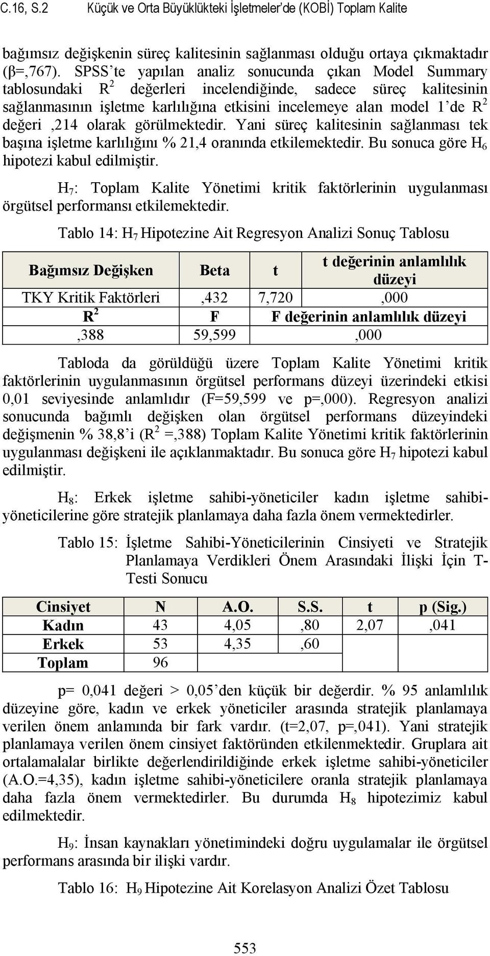 değeri,214 olarak görülmektedir. Yani süreç kalitesinin sağlanması tek başına işletme karlılığını % 21,4 oranında etkilemektedir. Bu sonuca göre H 6 hipotezi kabul edilmiştir.