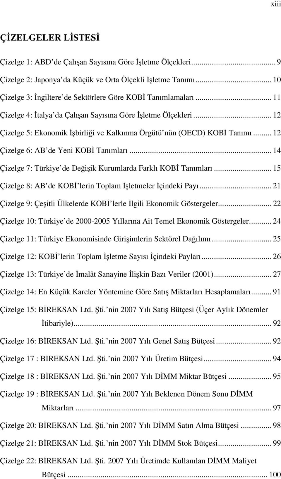 .. 12 Çizelge 5: Ekonomik İşbirliği ve Kalkınma Örgütü nün (OECD) KOBİ Tanımı... 12 Çizelge 6: AB de Yeni KOBİ Tanımları... 14 Çizelge 7: Türkiye de Değişik Kurumlarda Farklı KOBİ Tanımları.