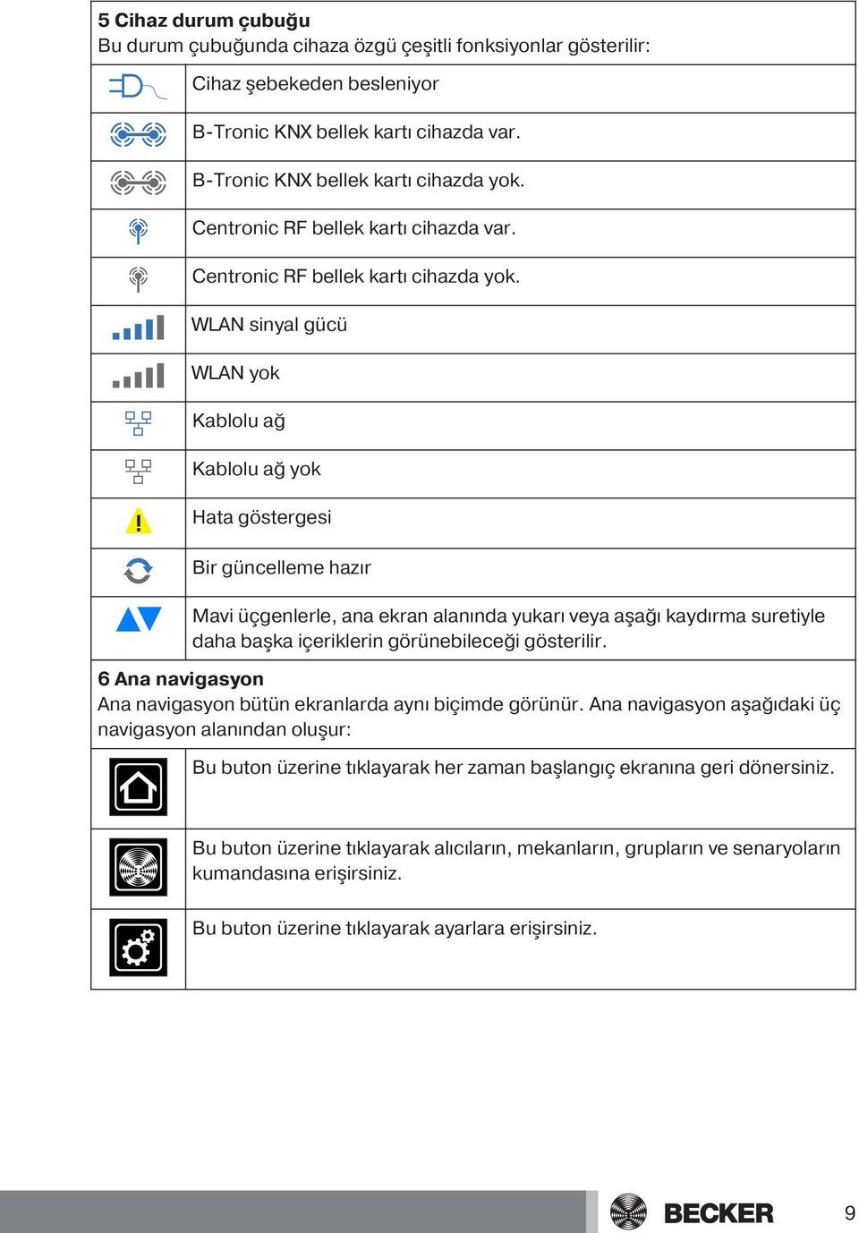 WLAN sinyal gücü WLAN yok Kablolu ağ Kablolu ağ yok Hata göstergesi Bir güncelleme hazır Mavi üçgenlerle, ana ekran alanında yukarı veya aşağı kaydırma suretiyle daha başka içeriklerin görünebileceği