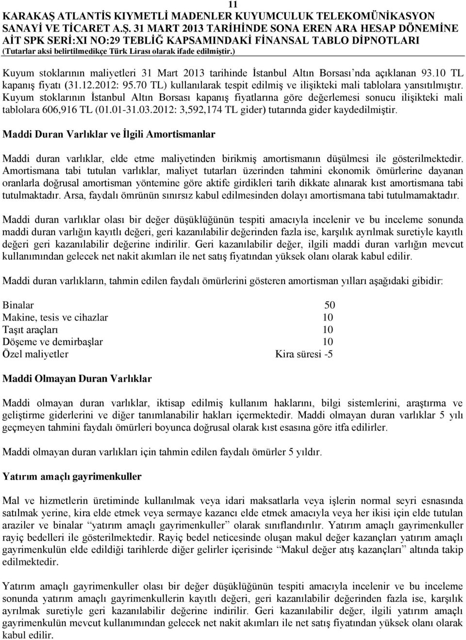 Kuyum stoklarının İstanbul Altın Borsası kapanış fiyatlarına göre değerlemesi sonucu ilişikteki mali tablolara 606,916 TL (01.01-31.03.2012: 3,592,174 TL gider) tutarında gider kaydedilmiştir.