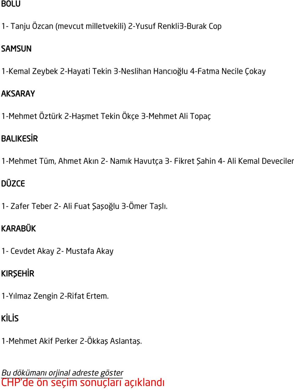 Şahin 4- Ali Kemal Deveciler DÜZCE 1- Zafer Teber 2- Ali Fuat Şaşoğlu 3-Ömer Taşlı.