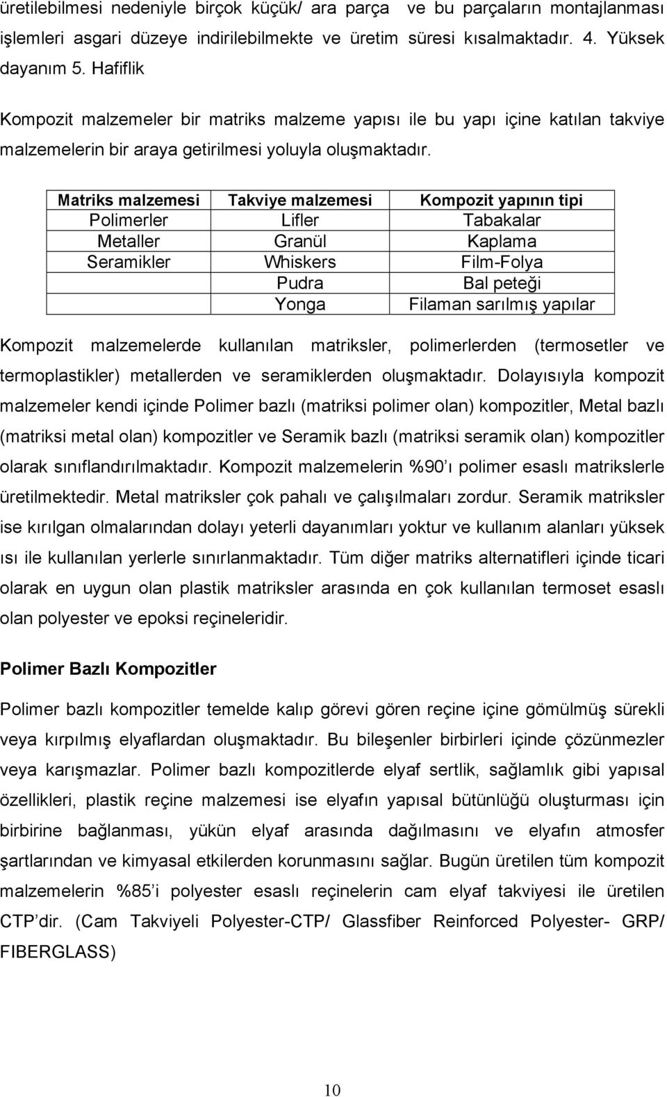 Matriks malzemesi Takviye malzemesi Kompozit yapının tipi Polimerler Lifler Tabakalar Metaller Granül Kaplama Seramikler Whiskers Film-Folya Pudra Bal peteği Yonga Filaman sarılmış yapılar Kompozit