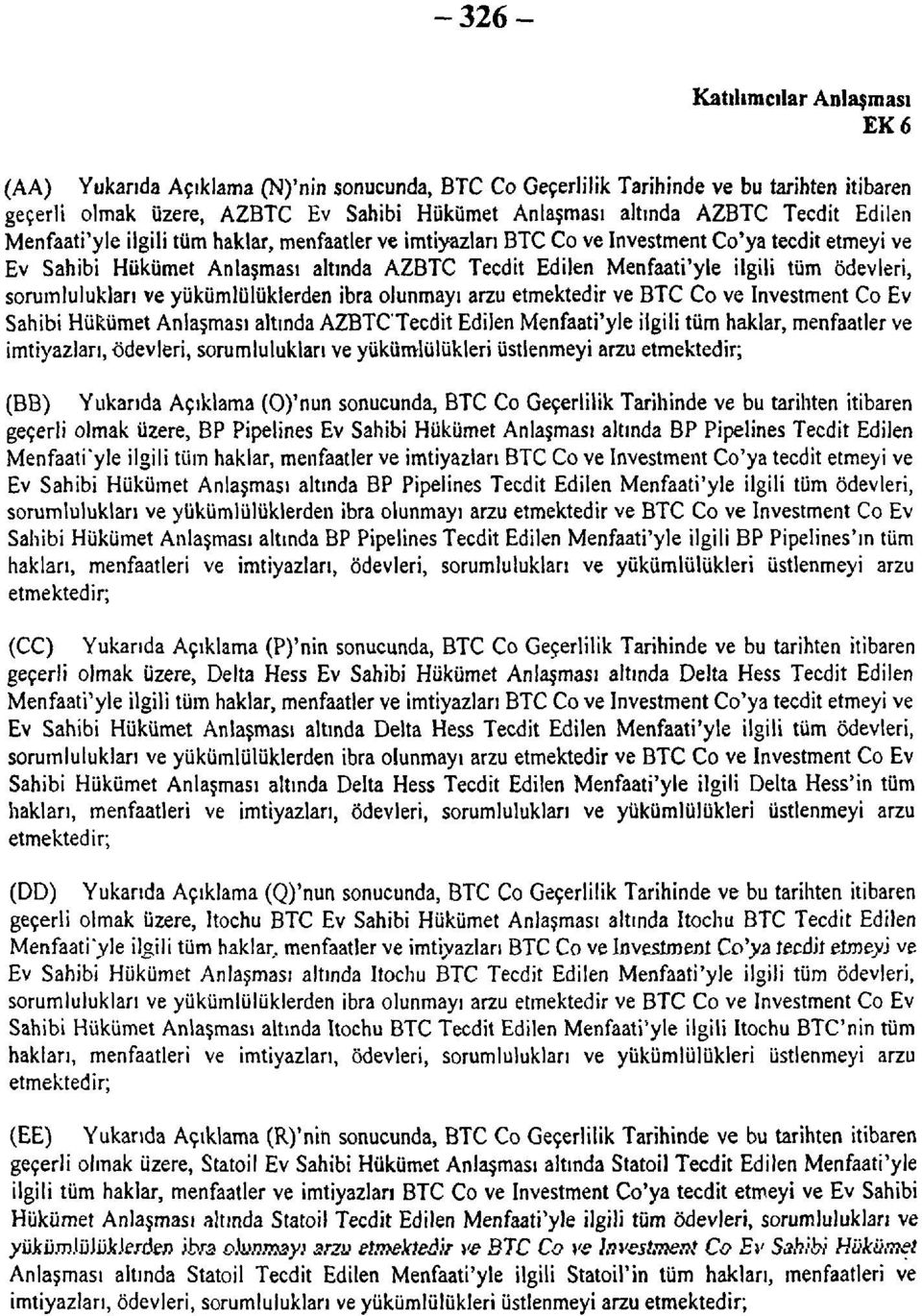 yükümlülüklerden ibra olunmayı arzu etmektedir ve BTC Co ve Investment Co Ev Sahibi Hükümet Anlaşması altında AZBTC'Tecdit Edilen Menfaati'yle ilgili tüm haklar, menfaatler ve imtiyazları, ödevleri,