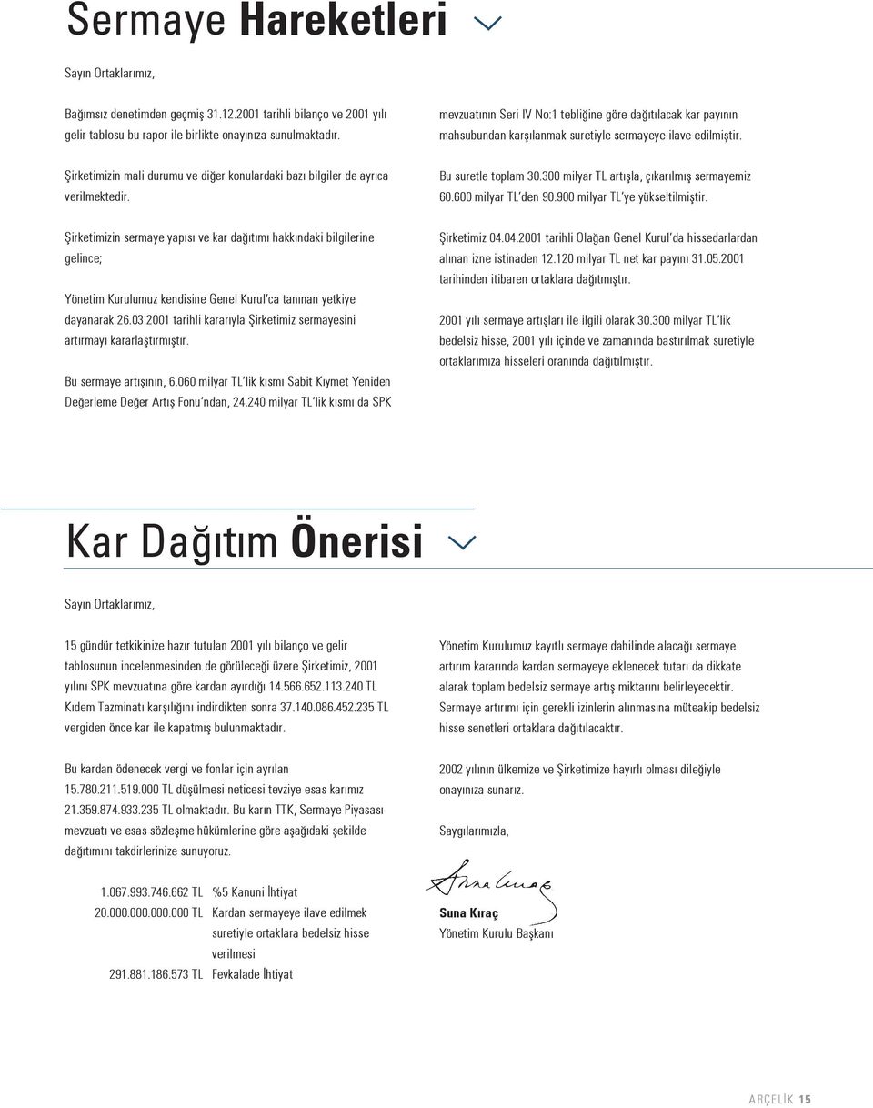 fiirketimizin mali durumu ve di er konulardaki baz bilgiler de ayr ca verilmektedir. Bu suretle toplam 30.300 milyar TL art flla, ç kar lm fl sermayemiz 60.600 milyar TL den 90.