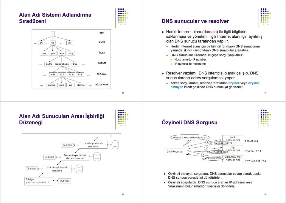 DNS sunucular üzerinde iki çeşit sorgu yapılabilir: Hostname-to-IP number IP number-to-hostname Resolver yazılımı, DNS istemcisi olarak çalışıp, DNS sunuculardan adres sorgulaması yapar.