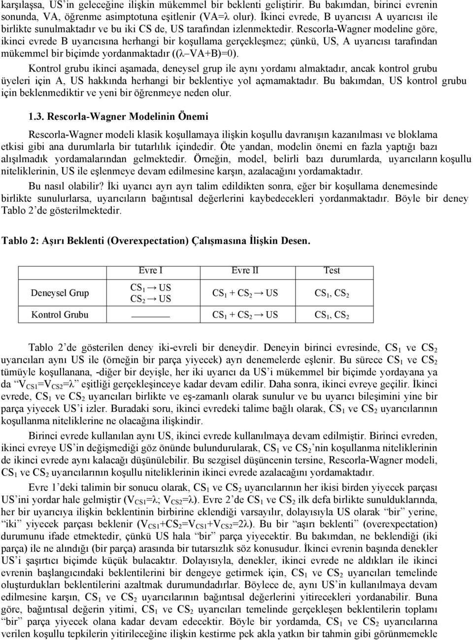 Rescorla-Wagner modeline göre, ikinci evrede B uyarıcısına herhangi bir koşullama gerçekleşmez; çünkü, US, A uyarıcısı tarafından mükemmel bir biçimde yordanmaktadır ((λ VA+B)=0).