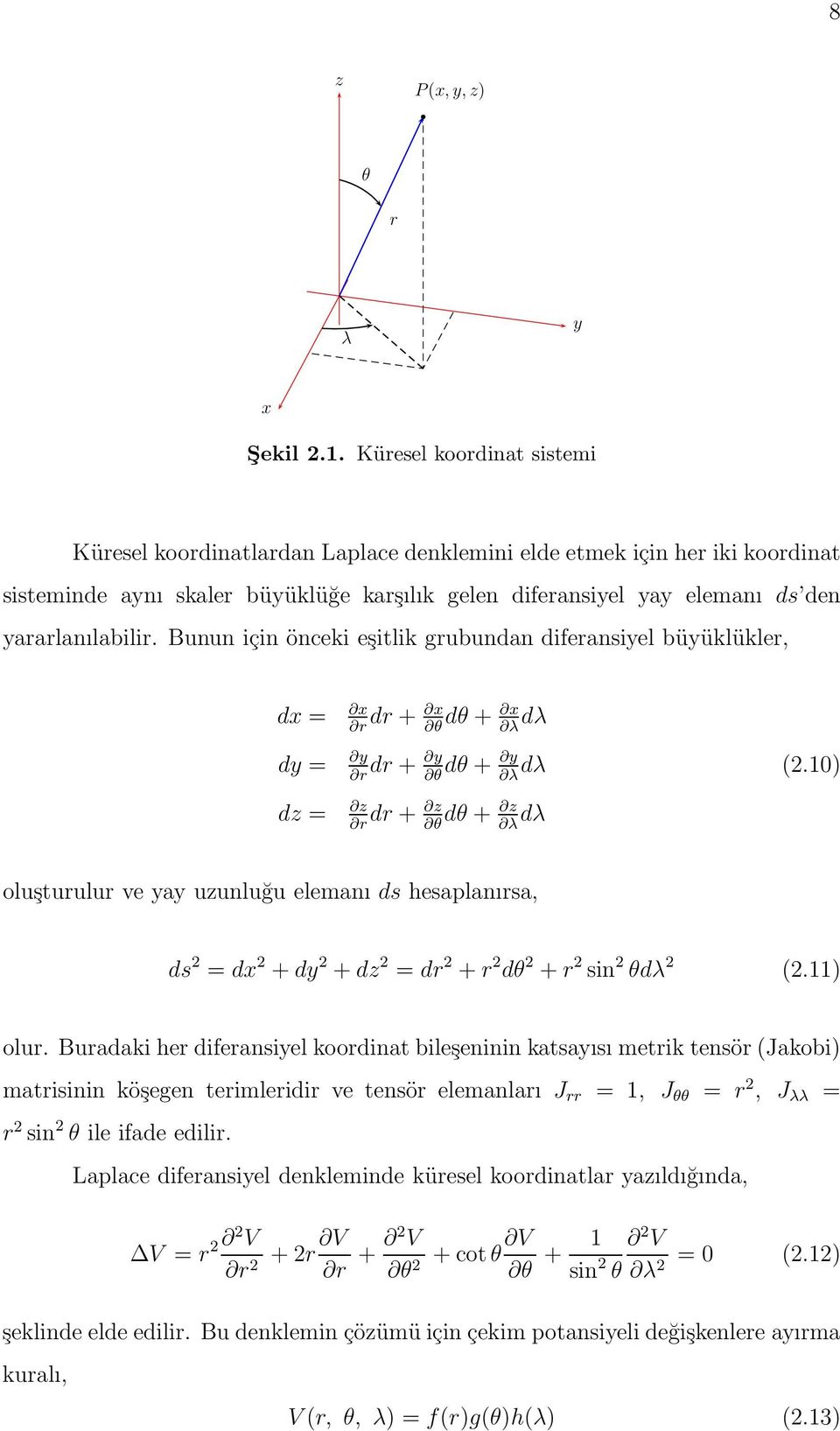 Bunun için önceki eşitlik grubundan diferansiyel büyüklükler, dx = x x x dr + dθ + dλ r θ λ dy = y r dr + y θ dz = z z z dr + dθ + dλ r θ λ y dθ + dλ (2.