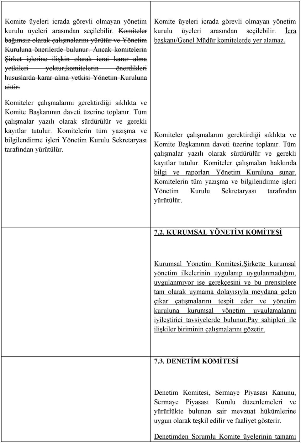 Komiteler çalışmalarını gerektirdiği sıklıkta ve Komite Başkanının daveti üzerine toplanır. Tüm çalışmalar yazılı olarak sürdürülür ve gerekli kayıtlar tutulur.