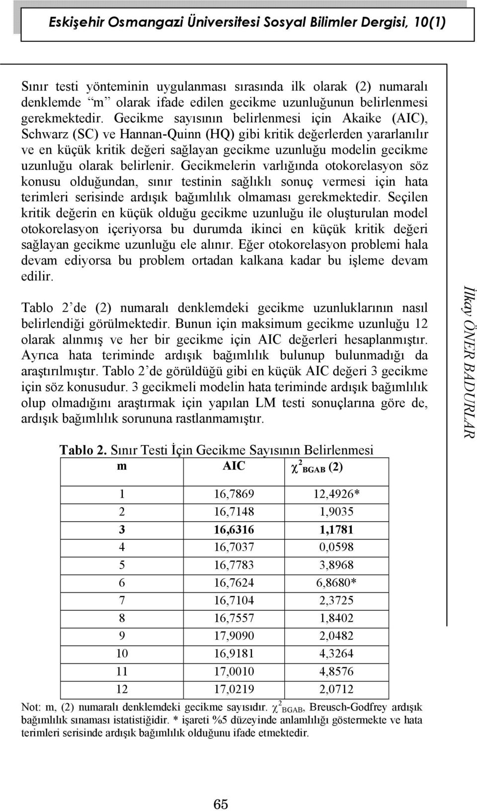 olarak belirlenir. Gecikmelerin varlığında otokorelasyon söz konusu olduğundan, sınır testinin sağlıklı sonuç vermesi için hata terimleri serisinde ardışık bağımlılık olmaması gerekmektedir.