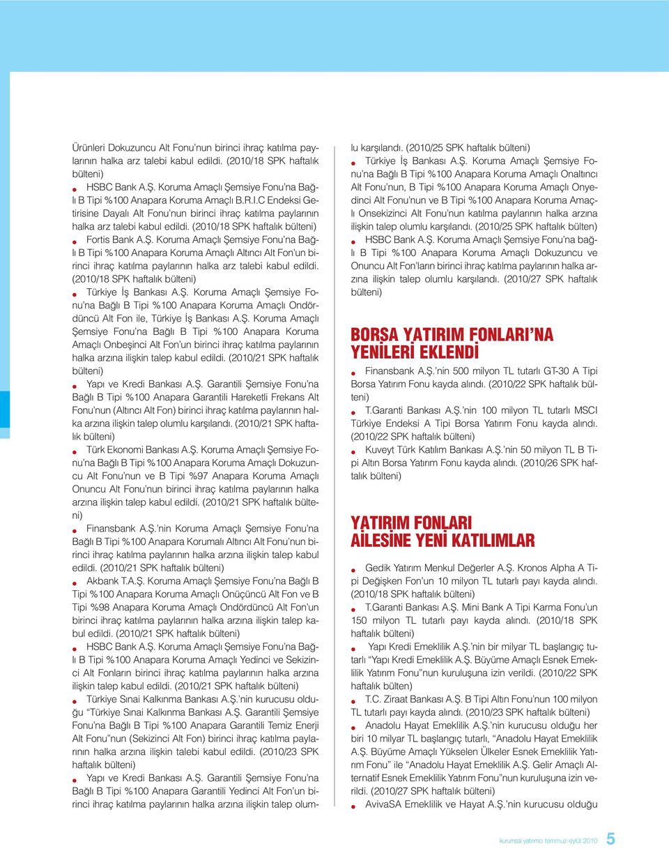 (2010/18 SPK haftalık bülteni) Fortis Bank A.Ş. Koruma Amaçlı Şemsiye Fonu na Bağlı B Tipi %100 Anapara Koruma Amaçlı Altıncı Alt Fon un birinci ihraç katılma paylarının halka arz talebi kabul edildi.