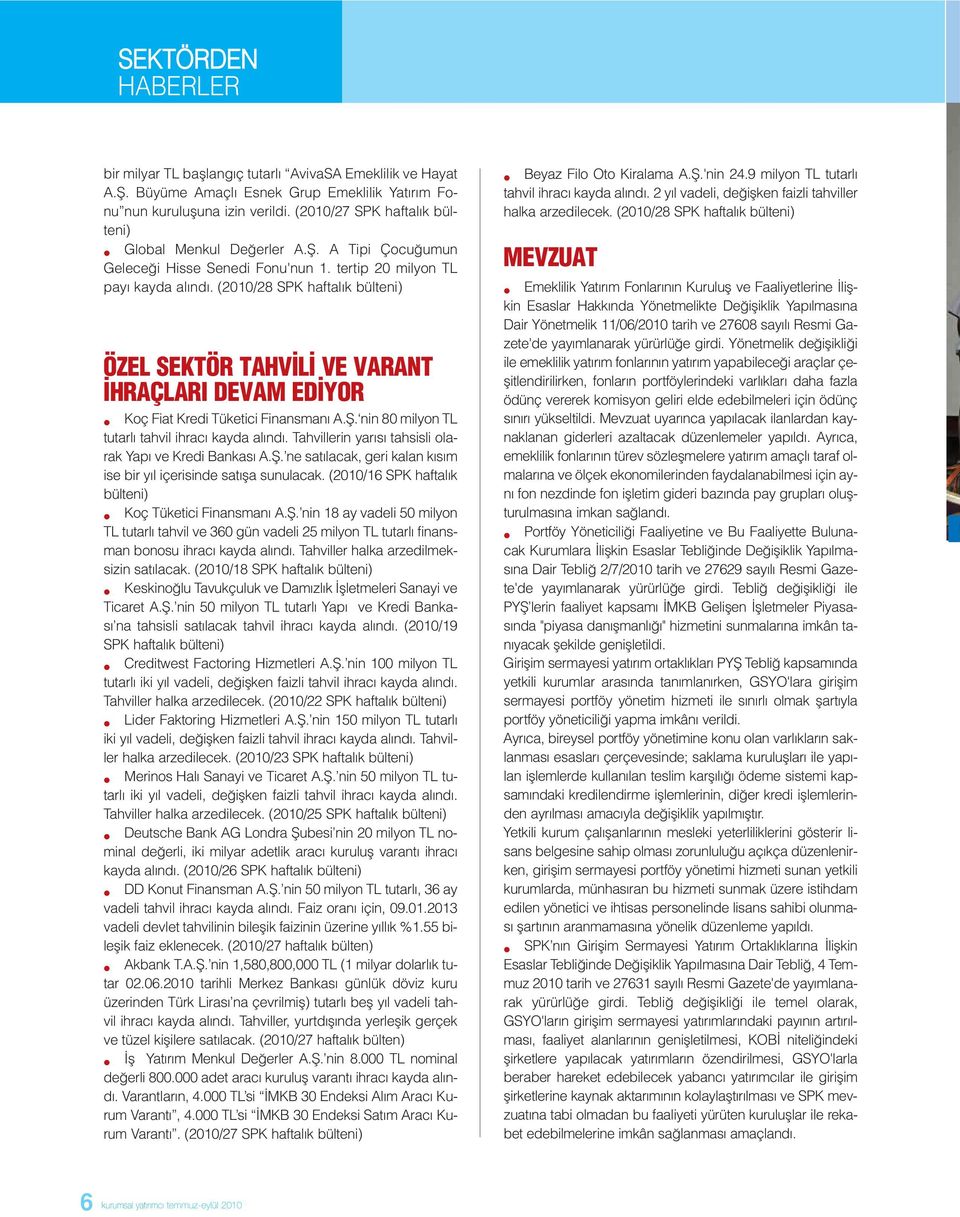 (2010/28 SPK haftalık bülteni) ÖZEL SEKTÖR TAHV L VE VARANT HRAÇLARI DEVAM ED YOR Koç Fiat Kredi Tüketici Finansmanı A.Ş. nin 80 milyon TL tutarlı tahvil ihracı kayda alındı.