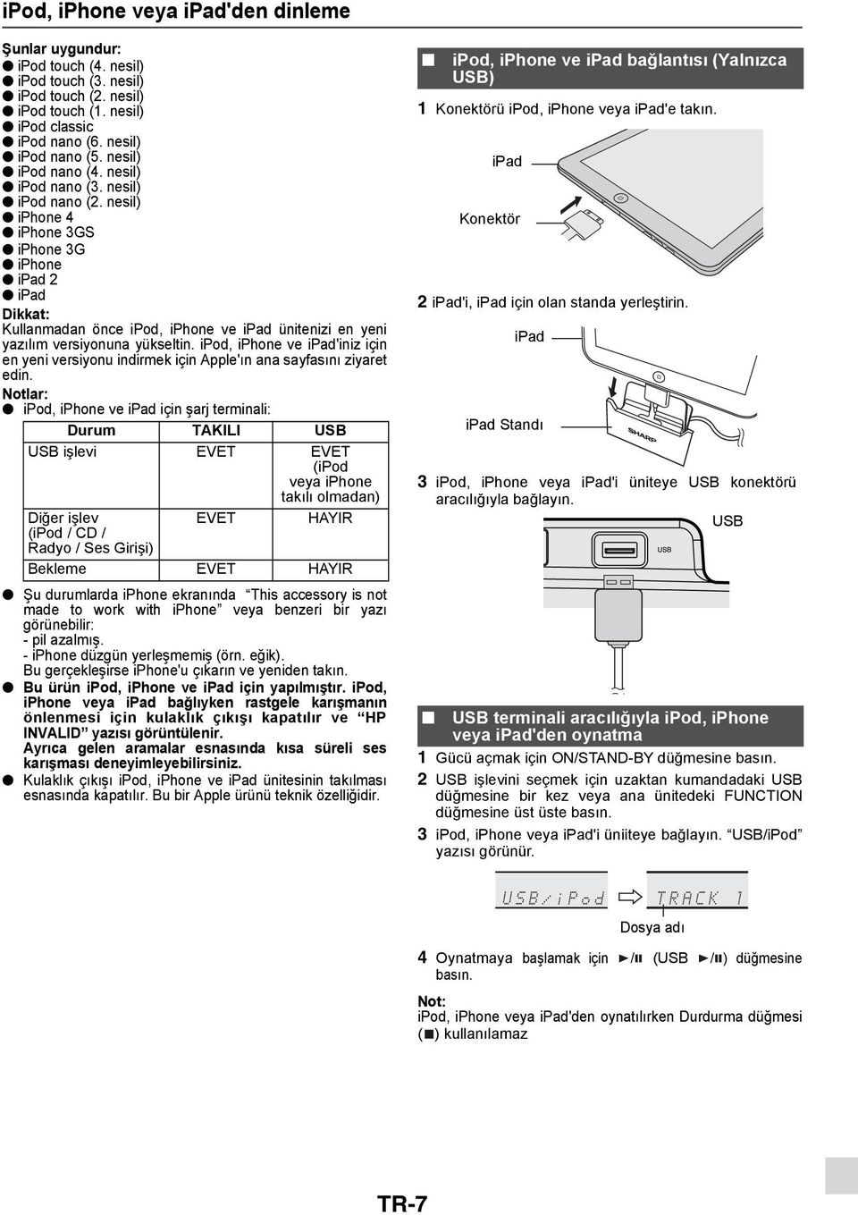 nesil) iphone 4 iphone 3GS iphone 3G iphone ipad 2 ipad Dikkat: Kullanmadan önce ipod, iphone ve ipad ünitenizi en yeni yazılım versiyonuna yükseltin.