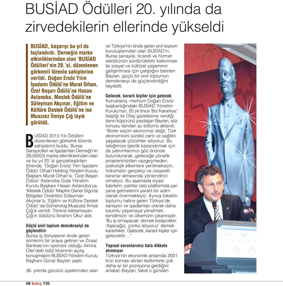 Do an Ersöz Y l n fladam Ödülü ne Murat Orhan, Özel Baflar Ödülü ne Hasan Aslanoba, Meslek Ödülü ne Süleyman Akç nar, E itim ve Kültüre Destek Ödülü ne ise Muazzez lmiye Ç lay k görüldü.